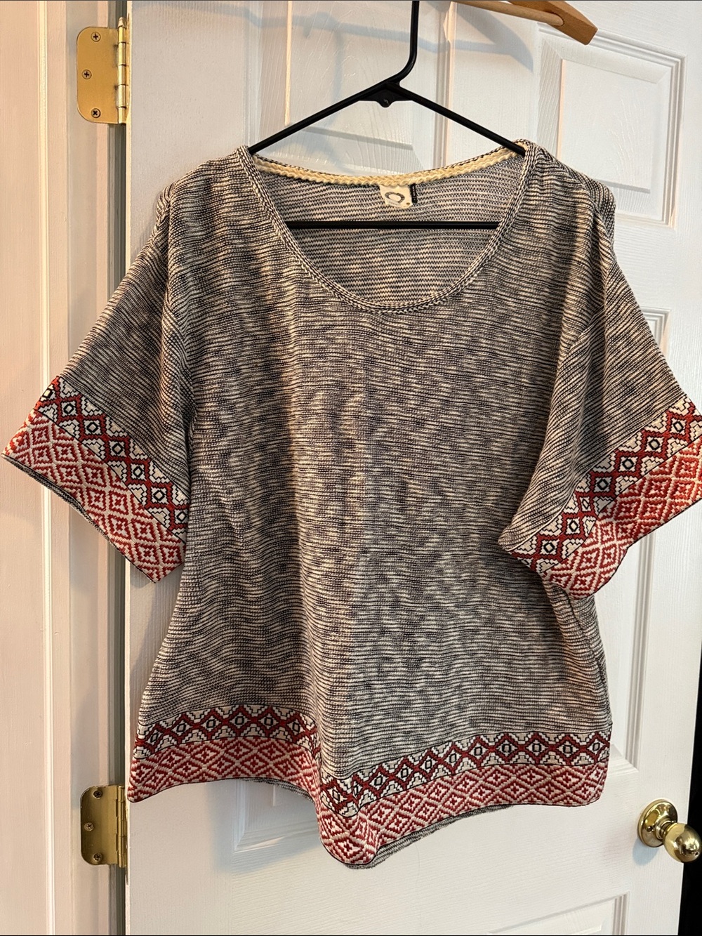 Anthropologie Gray Knit Tunic with Red Geometric Trim